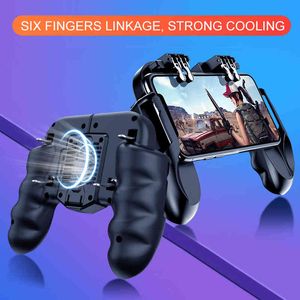 Contrôleur de jeu Mobile tout-en-un à Six doigts, bouton de touche de feu gratuit, Joystick avec ventilateur Cool, manette de jeu L1 R1 PUBG, déclencheur 3 types
