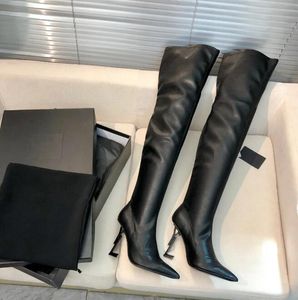 Taille 35-41 Hiver sur les bottes au genou femmes en cuir extensible cuissardes chelsea botte sexy designer femme longue cuissarde haute botte à bout pointu pompes à lettres