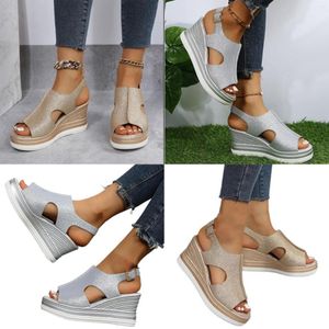 Zapatos de talla, sandalias grandes de viento, cuña para mujer, parte inferior gruesa, boca de pez hueca, tacón alto, informal para mujer 97