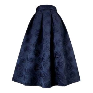 Falda 2023 verano Vintage estético Chic elegante coreano de cintura alta azul marino rosa bordado falda acampanada para oficina señora OL Ropa de Trabajo
