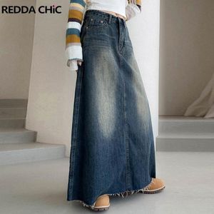 falda Reddachic Vintage Blanqueado Azul Llano Denim Falda Maxi Aline Mujeres Raw Hem Largo Jeans Vestido Casual Damas Grunge Y2k Ropa