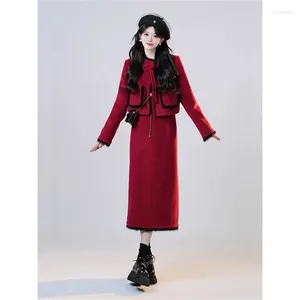 Jupes 2 pièces ensemble 2024 hiver automne femmes vêtements noir fourrure patchwork rouge laine jupe femme vintage mince laine ensembles