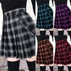 Jupes 2021 Gothique Vintage Plaid Mini Jupe Femmes Bretelles Sangle Plissée A-ligne Taille Haute Décontractée Grande Taille Faldas