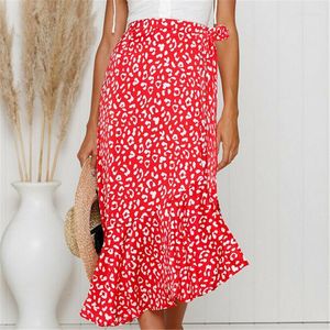 Jupes 2022 femmes imprimé Floral Lropard en mousseline de soie taille élastique plissé Maxi plage Style Boho Vintage été fendu Long XL