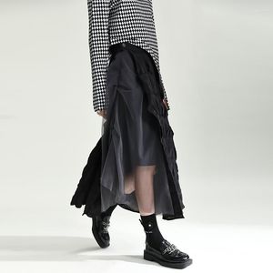 Jupes 2023 Chic Designer de luxe travail lourd Patchwork gaze maille plis noir coton a-ligne jupe longue femme de haute qualité