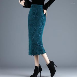 Jupes 2023 automne printemps femmes taille haute patte bleu noir dentelle mi-mollet longueur jupe crayon élégante femme vêtements 4xl