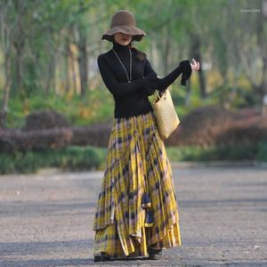 Jupes 2023 mode longue Maxi a-ligne taille élastique femmes automne printemps S-2XL Plaid Vintage jaune coton lin