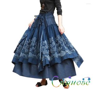 Faldas 2023 de talla grande 6XL Otoño Invierno Retro falda femenina diseños Lolita Vintage Casual 3D flores tutú Denim Jeans largos para mujer