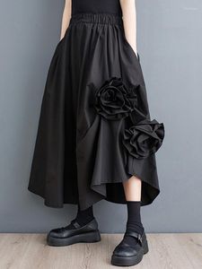 Faldas 2023 verano negro Vintage falda de cintura alta mujeres Irregular empalmado Floral de talla grande moda suelta Casual Midi ropa