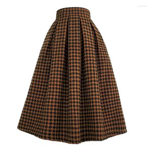 Jupes 2023 hiver coréen luxe Vintage élégant curcuma pied-de-poule taille haute jupe longue femme vêtements laine chaud bureau dame travail