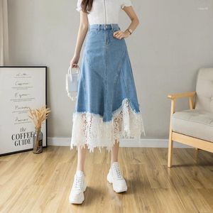 Jupes 2024 Mignon Dentelle Patchwork Denim Jupe Femmes Coréenne Taille Haute Mince Irrégulière Une Ligne Longue Streetwear Midi Faldas