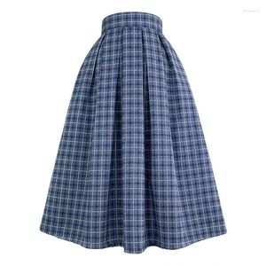 Jupes 2024 hiver coréen Vintage Simple élégant bleu foncé Plaid taille haute jupe longue femme vêtements laine chaud bureau dame vêtements de travail