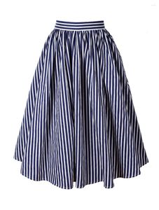 Jupes 45-Femmes Vintage 1950s Blue Stripe Print High Waist Plissé Swing Jupe Rockabilly Pin Up Plus Size 4xl Saia Faldas