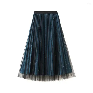 Faldas de tul con lentejuelas azules para mujer, falda lateral brillante, largo plisado, Jupe Longue, otoño e invierno, 2024