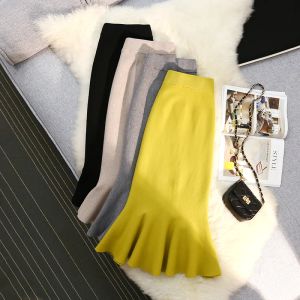 Jupes Boho Harajuku tricoté Maxi longue rue trompette sirène jaune mignon taille haute une ligne Midi Faldas Largas Mujer rétro dames jupe