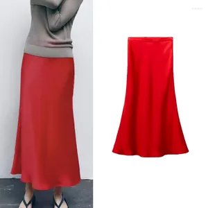 Jupes COS LRIS printemps femmes tempérament all-match rouge taille haute mince soie Satin Texture jupe mi-longue 2576/305