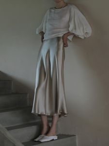 Faldas Mujer elegante Moda coreana Satén Seda Una línea Falda Oficina Negro Champán Largo Verano Mujer 2023 230503