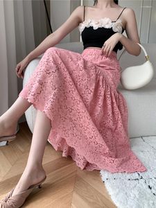 Faldas Moda Hollow Crochet Falda larga Mujer 2023 Verano Encaje Cintura alta Columpio para mujer Casual