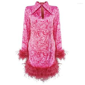 Faldas Moda Dulce Mujer Sexy Vestido Rosa Vena Estampado Plumas Patchwork Polo Collar Manga Larga Vestidos De Cambio