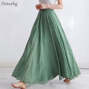 Skirts High Quality Cotton Linen Maxi Skirt Womens Casual Elastic High Waist Pleated A-Line Beach Skirts Boho Saia Feminina Faldas Jupe 230412