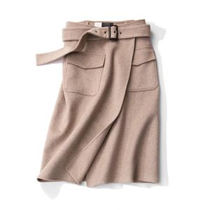 Faldas de alta calidad hechas a mano de doble cara 80% falda de lana de media longitud para mujer sección larga dividida 2021 primavera otoño ropa de mujer
