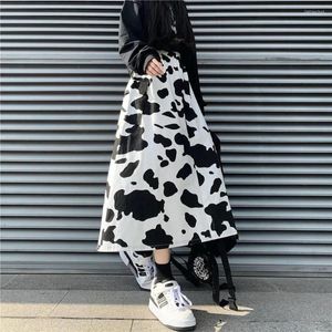 Jupes taille haute vaches imprimer une ligne plissée longue été femmes jupe coréenne Streetwear élastique Midi