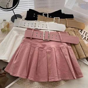Jupes taille haute plissée demi-jupe femme printemps rose polyvalent mince ajustement collège style coréen court avec ceinture
