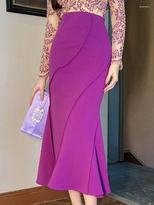 Faldas estilo coreano Midi Mujer elegante Retro púrpura volantes cola de pez Falda larga Mujer traje de fiesta ropa profesional primavera