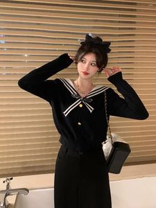 Faldas Versión coreana Otoño Tallas grandes Mujer Cuello marinero Color contrastante Manga larga Punto Slim Versátil Falda con abertura larga Traje