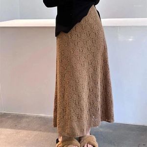 Faldas Falda de crochet de encaje para mujer Otoño Cintura alta Elástico A-Line Mujer Elegante Color sólido Gancho Flor Largo T898