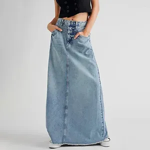 Faldas Falda larga Algodón Primavera Denim Jeans Mujeres Otoño Invierno Estiramiento Vintage Suelto Maxi Club E-Girl Streetwear Y2K