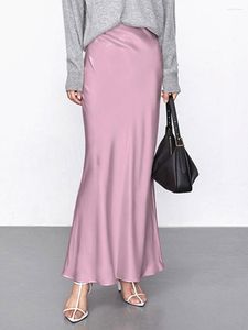 Faldas Falda larga Moda Satén Oficina Dama Cintura elástica Sólido Champán Púrpura Rojo Seda A-LINE para mujeres