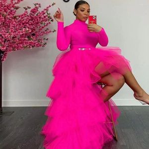 Jupes rose moelleux haut bas tulle femmes à la fête volants jupe à plusieurs niveaux maille maxi élastique femme bas grande taille