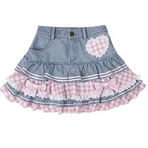 Skirts Preppy Style Lolita Kawaii Skirts Japanese Sweet Mini Women Harajuku Cute Ball Gown Denim Skater Y2K High Waist Lace Cake Skirts 230223