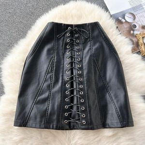 Faldas Pu Sexyclub cintura alta con cordones Jupe A-line Mujer Faldas Mini cuero busto falda negro Casual Mujer ropa gota