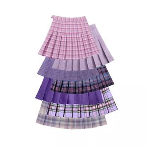 Skirts Purple Women Pleated Skirts High Waist Woman Plaid Mini Skirt Preppy Style Casual Female Skirts Sweet A-line Ladies Short Skirt 230516