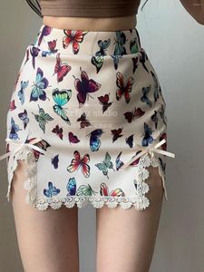 Jupes rétro TVVOVVIN imprimé papillon nœud fendu dentelle élégante mince hanche Sexy Mini jupe douce femmes coréennes jolie fille F54T