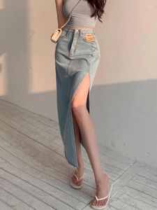 Faldas ajustadas estilo coreano Jean Slit Midi falda verano moda chica DEEPTOWN largo Denim Vintage mujeres sólido alto cintura A-LINE