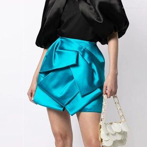 Faldas Falda De Origami De Seda Lisa Tafetán Azul Lago Mini Formal Prom Elegante Diseño Corto Oficina Damas