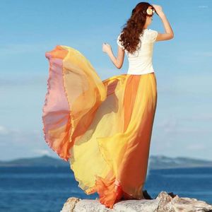 Jupes d'été plage élégante longue Maxi mode femmes Jupe circulaire complète couleur assortie en mousseline de soie bohème Jupe Femme