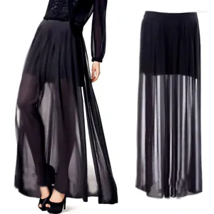 Faldas Moda de verano Personalizar Tamaño 3XS-10XL Mujeres Ver a través de Sheer High Side Split Falda Negro Plisado Gasa Maxi Largo
