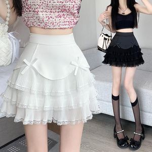 Faldas de verano de cintura alta de encaje negro plisado minifalda gótica Bowknot Sweet Lolita Shorts A-line Cake White Kawaii ropa