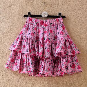 Jupes D'été Doux Filles Rose Floral Jupe Courte Femmes Taille Haute Imprimé En Mousseline De Soie Gâteau Jupes Vintage Fleur Imprimer Jupes Femme 230427