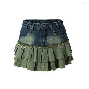 Faldas de verano Vintage Denim Mini falda de mujer ropa de calle coreana Y2k cintura alta A-line perforado plisado gótico 2023