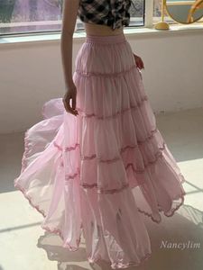Jupes Super belle jupe rose pour les femmes 2024 printemps et été élastique haute taille minceur a- line en dentelle robe longue dame