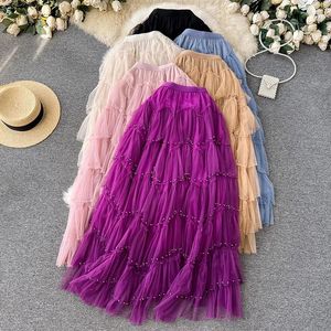 Jupes Surmiitro Femmes Tulle Long jupe 2024 Automne Winter Fashion Per perle une ligne haute taille tutu mesh maxi femelle violette
