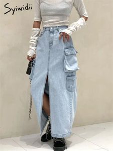 Jupes Syiwidii Cargo Jeans Jupe pour femmes 2024 Taille haute Plus qu'une poche Mode Longue Vintage Split Casual