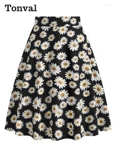 Jupes Tonval Daisy Floral Style rétro a-ligne midi pour les femmes dissimulées fermeture éclair dos vêtements vintage Pinup jupe noire