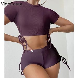 Faldas Vigocasey Sexy sólido manga corta Bikini conjunto traje de baño mujeres 2023 pantalones cortos de cintura alta traje de baño Biquini verano playa traje de baño