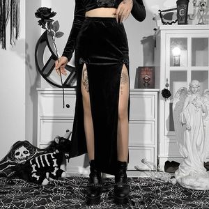 Faldas Vintage Black Velvet Split Estética Sexy Cintura alta Arco Bodycon Falda larga Elegante E Girl Punk Partywear Ropa JY21507